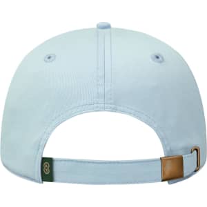 A light blue low profile dad cap featuring an adjustable strap and a logo on the side.