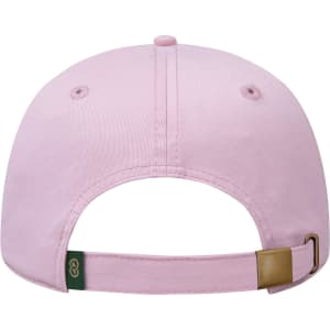 A low profile dad cap in a light pink colour, featuring an adjustable strap and a logo on the back.