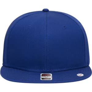 A blue 6 panel mid profile snapback cap featuring a flat brim and an adjustable snapback closure. It has a logo on the side.