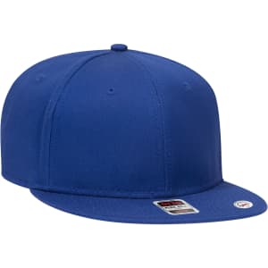 A blue six-panel snapback cap featuring a flat brim and a small logo on the side.