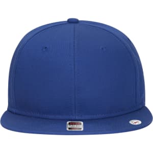 A blue 6-panel mid-profile snapback cap with a flat brim and a logo on the front.