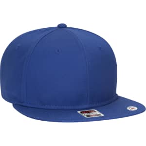 A blue six-panel snapback cap featuring a flat brim and an adjustable snap closure, with a logo on the side.