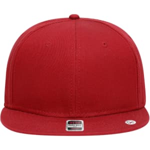 A red 6 panel mid profile snapback cap with a flat brim and a logo on the front.