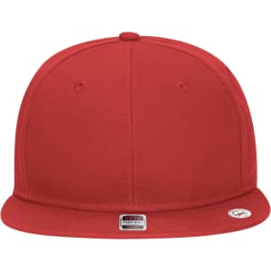 A red 6 panel mid-profile snapback cap with a branded label on the side.