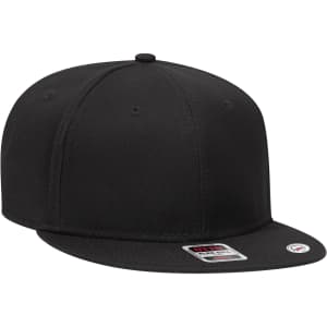 A black six-panel snapback cap with a flat brim and a logo on the front.