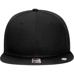 A black 6 panel mid profile snapback cap featuring a logo on the front.