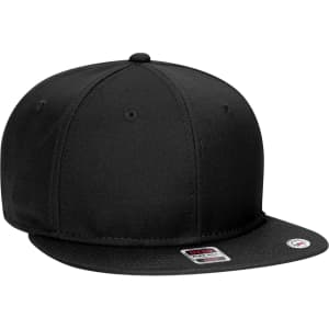 A black 6 panel mid profile snapback cap with a logo on the front, featuring a flat brim and structured design.