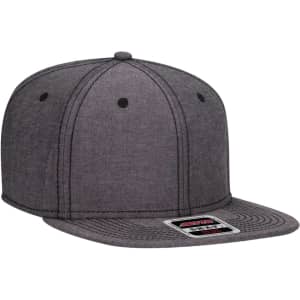 A grey 6-panel snapback cap with a rounded top and a flat brim, featuring a logo on the front.
