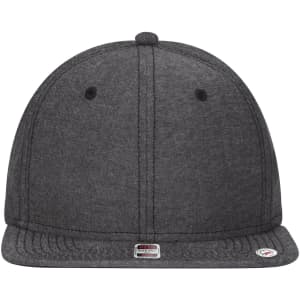A grey 6 panel mid profile snapback cap with a logo on the side, featuring a flat peak and ventilation eyelets.