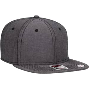 A grey 6 panel mid profile snapback cap with a flat brim and a branding logo.