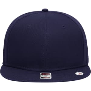 A navy six-panel mid-profile snapback cap featuring a flat brim and a logo patch on the side.