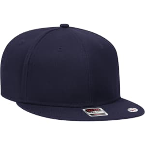 A navy blue six-panel snapback cap featuring a logo on the front.