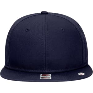 A 6-panel mid profile snapback cap in navy blue with a flat brim and a logo tag on the front.
