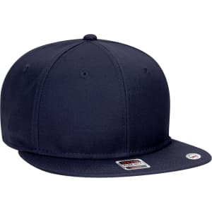 A navy blue 6-panel mid-profile snapback cap with a flat brim and an embroidered logo.