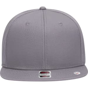 A grey 6 panel mid profile snapback cap with a flat brim, featuring a logo on the front.
