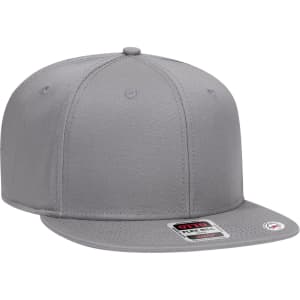 A grey six-panel snapback cap with a flat brim and a logo on the front.