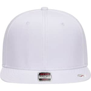 A white 6 panel mid-profile snapback cap featuring a branded label on the underside of the brim.