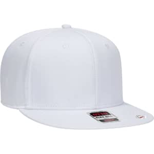 A white six-panel snapback cap featuring a logo on the front and a flat brim.