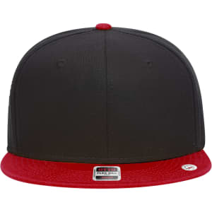 A black and red 6-panel mid-profile snapback cap featuring a flat brim and a logo on the front.