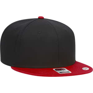 A black and red snapback cap featuring a flat brim and a logo on the side.