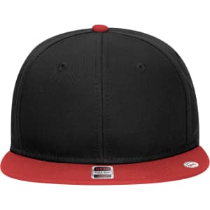A black and red 6 panel mid-profile snapback cap with a logo on the front.