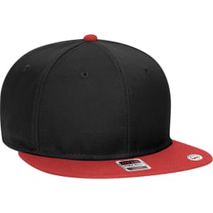 A black and red 6 panel mid profile snapback cap featuring a logo on the side.