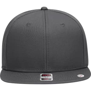 A grey 6 panel mid profile snapback cap with a flat brim and an embroidered logo.