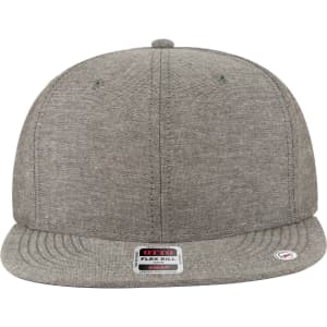 A grey 6 panel mid profile snapback cap with a flat brim and a logo on the side.