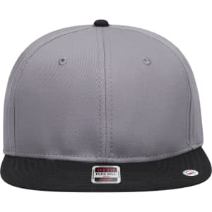 A grey and black 6-panel mid-profile snapback cap with a logo on the front.