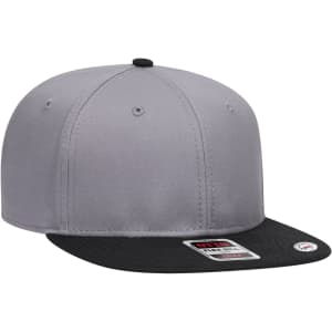 A six-panel snapback cap featuring a grey crown and a black peak, with a visible logo.