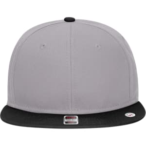A grey mid-profile snapback cap with a black brim and an adjustable snapback closure. It features a logo on the front.