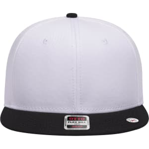 A white 6 panel mid profile snapback cap with a black brim and a logo patch on the front.