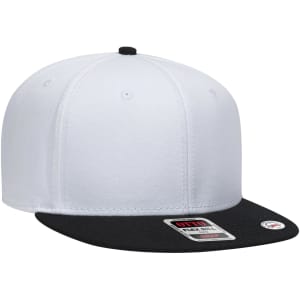 A six-panel snapback cap with a white crown and a black peak, featuring a logo on the side.
