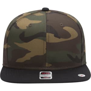 A camouflaged cap featuring a mid-profile design and a black brim, with a branding logo on the front.