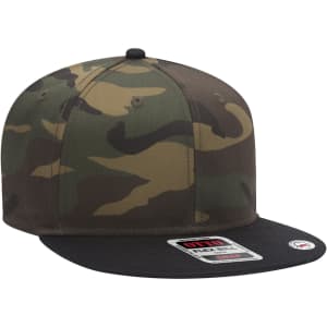 A camouflage 6 panel mid profile snapback cap with a black brim and a logo on the front.