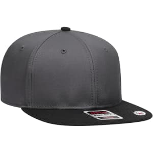 A grey snapback cap with a black brim, featuring a logo on the side.