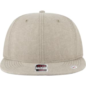 A tan 6 panel mid profile snapback cap with a flat peak and a logo on the front.