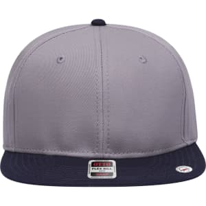 A grey and navy 6-panel mid-profile snapback cap with a flat bill and a logo on the front.