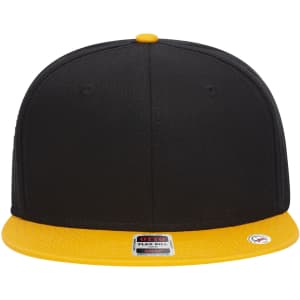 A black and yellow 6 panel mid-profile snapback cap with a flat brim and a logo on the side.