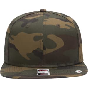 A camouflaged 6 panel mid-profile snapback cap featuring shades of green and brown, with a logo on the front.