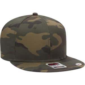 A camouflage six-panel mid-profile snapback cap with a flat brim and a logo on the front.