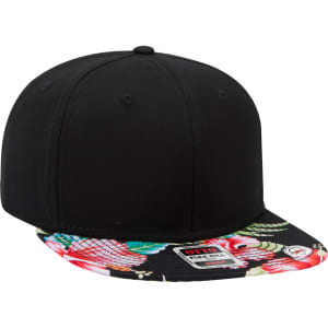 A black snapback cap featuring a floral patterned brim and a logo on the side.
