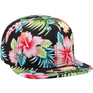 A floral-patterned six-panel snapback cap featuring vibrant pink and green hues against a black background.