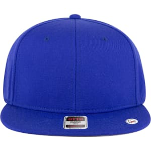 A blue mid-profile snapback cap featuring a solid design and a logo on the front.