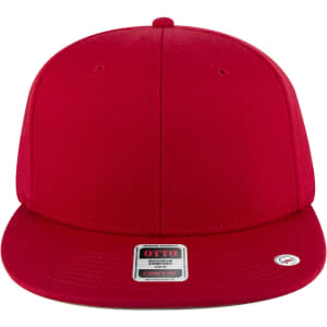 A red snapback cap with a mid-profile style and a logo on the front. It features a six-panel design.