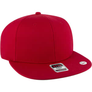 A red mid-profile snapback hat features a flat brim and has a logo on the side.
