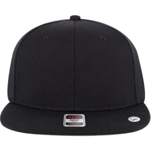 A black 6 panel mid profile snapback cap with a flat brim and an attached logo on the side.