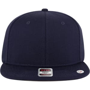 A navy blue six-panel snapback cap featuring a flat brim and a logo on the front.