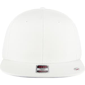 A white snapback cap with a mid-profile style and a logo on the front.