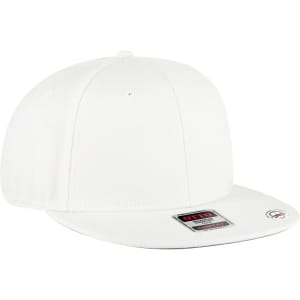 A white mid-profile snapback hat with a flat brim and a small logo.